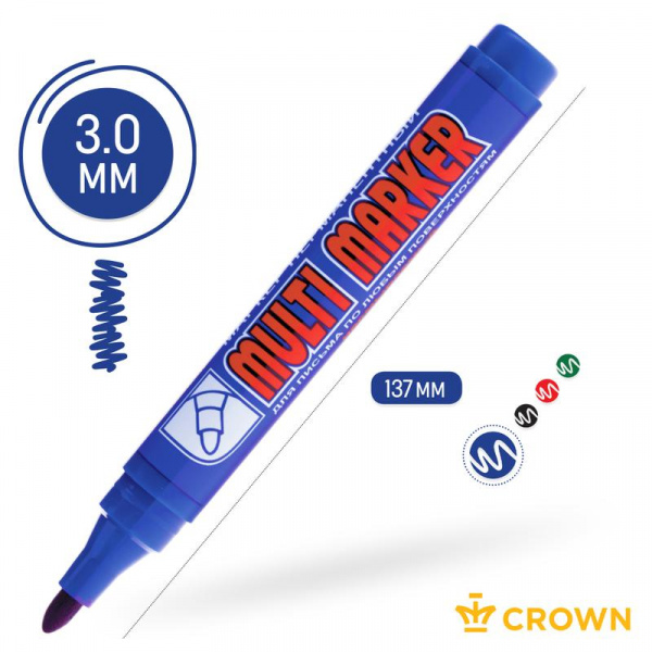 Маркер перманентный "Multi Marker" пулевидный 3мм син. Crown Б0048240