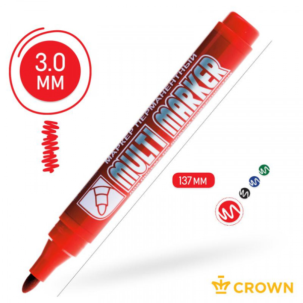 Маркер перманентный "Multi Marker" пулевидный 3мм крас. Crown Б0048241
